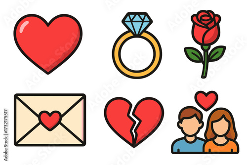 Romantic symbols set heart ring rose love letter broken heart couple icons, cartoon vector illustration, love and relationship concepts, Valentine’s Day elements, transparent background
