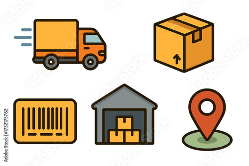 Shipping and logistics icon set with delivery truck, packaging box, barcode, warehouse storage, and location marker, vector cartoon illustration for supply chain and distribution design