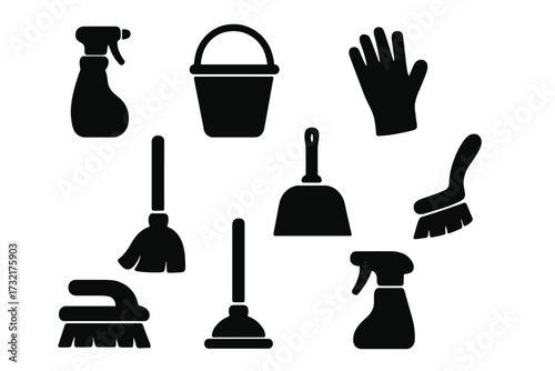 Silhouette set of cleaning tools icons for household chores, vector cartoon illustration, ordered collection of broom, mop, spray bottle, dustpan, brush, vacuum cleaner, transparent background
