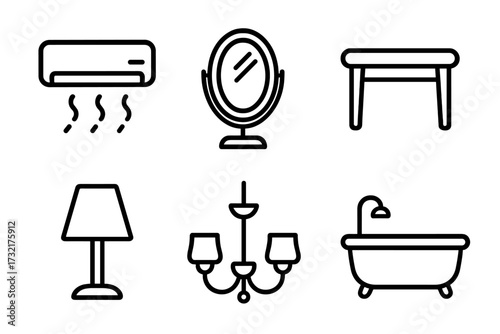 Interior design and furniture line icon set. Contains conditioner, mirror, table, lamp, chandelier, bathtub icons. Thin linear pictogram collection for web, mobile app, and UI.