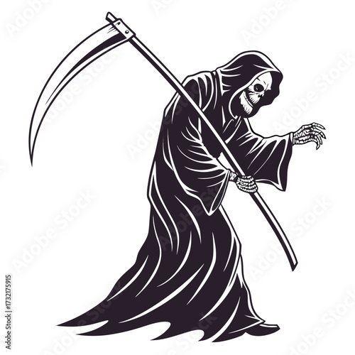 Monochrome grim reaper with scythe in vector style