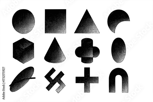 Retro futuristic minimalistic brutalism silhouettes of basic geometric shapes, extraordinary graphic elements composition with dotted halftone effect, modern abstract design