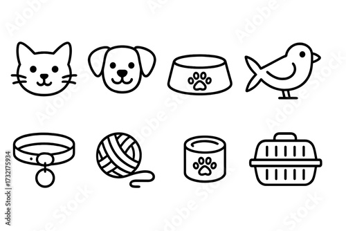 Simple outline icons of pets and accessories, vector cartoon illustration set with cat, dog, bird faces, pet collar, food bowl, yarn ball, canned food, and pet carrier, transparent background