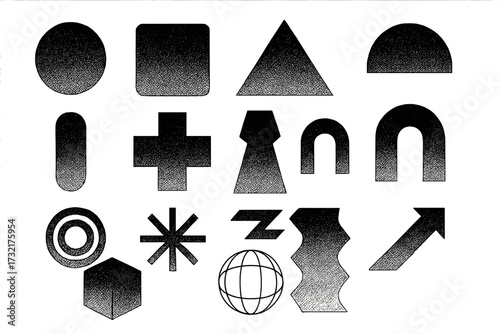Retro futuristic minimalistic brutalism silhouettes of basic geometric shapes, extraordinary graphic elements composition with dotted halftone effect, abstract vector design