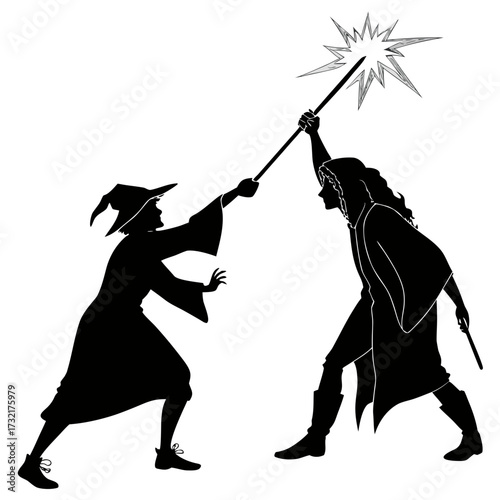 Two witches duel with wands, casting spells and creating magical atmosphere