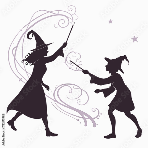Two witches duel with wands, casting spells and creating magical atmosphere