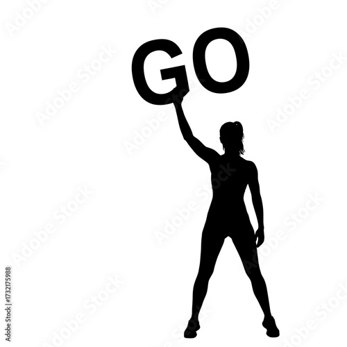 Silhouette of a woman holding up the word "GO" in a motivational pose.