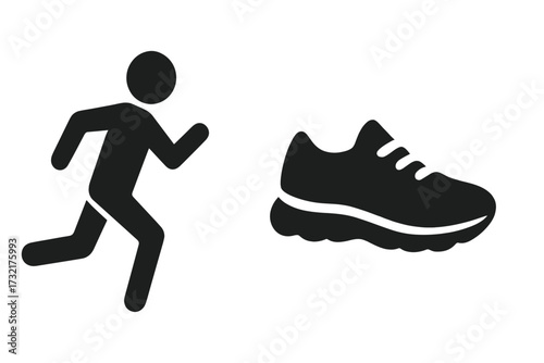 Running icon with running shoes silhouette, vector cartoon illustration of jogging symbol, fitness and exercise concept, sportswear shoe design, transparent background