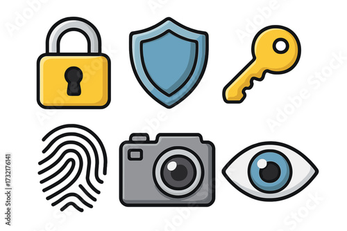 Security and privacy icons collection with lock, shield, key, fingerprint, camera, and eye. Vector cartoon illustration, transparent background, ordered set for digital protection and safety concepts