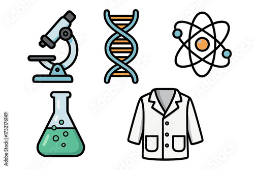 Science icons collection with microscope DNA atom beaker lab coat vector cartoon illustration set for scientific research laboratory technology education transparent background