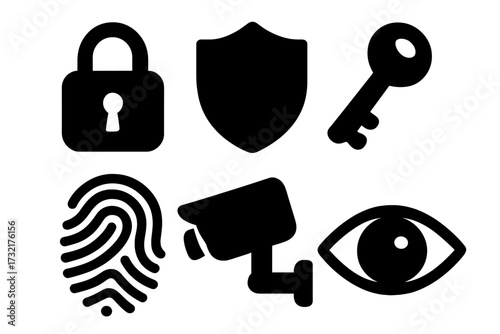 Security icons lock shield key fingerprint camera eye silhouette vector cartoon illustration set transparent background cybersecurity protection concepts