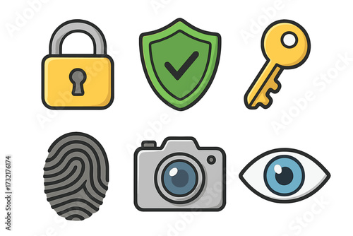 Security and privacy icons set with lock, shield, key, fingerprint, camera, and eye symbols. Vector cartoon illustration with transparent background. Protection and identification concepts.