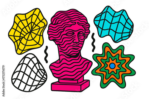 Neo-brutalism poster set with wavy distorted antique goddess statue. Psychedelic brutal wireframe shapes. Template for t-shirts, cover print, isolated vector groovy elements.