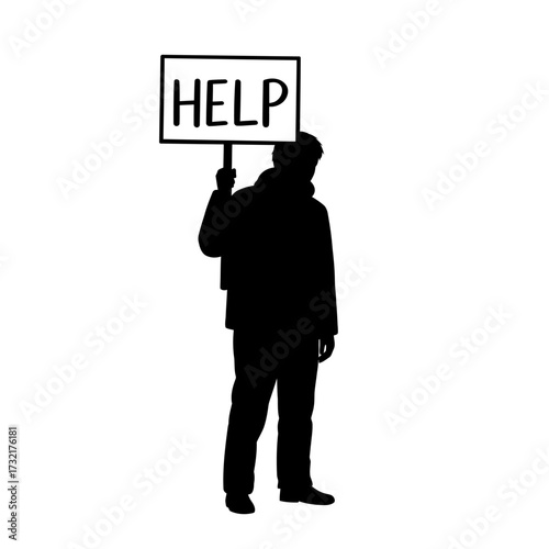Silhouette of a person holding a sign that reads "HELP" against a white background.