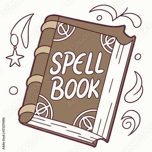 A brown spell book with the words spell book
