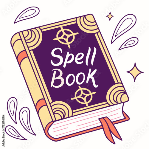 A purple spell book with gold accents