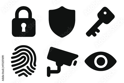 Security icons set with lock, shield, key, fingerprint, surveillance camera, and eye symbols in black silhouette style, vector cartoon illustration, transparent background, ordered collection