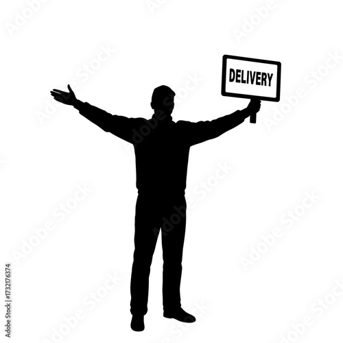 Silhouette of a delivery person holding a sign with the word 'Delivery' against a white background