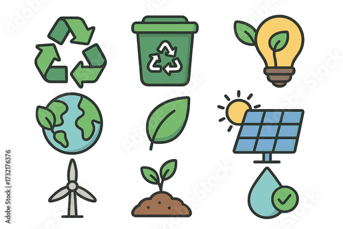 Sustainability icons set with recycling symbols, renewable energy, eco-friendly concepts, solar panel, wind turbine, green leaves, earth care, conservation, environment vector illustration
