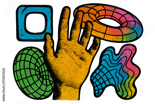 Trendy neo brutalism grunge poster with retro offset halftone hand element and psychedelic brutal wireframe shapes in Y2K Bauhaus style, modern vector design, colorful abstract composition