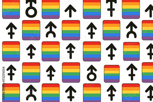 Seamless LGBTQ Pride Rainbow Pattern with Black Arrow Symbols, Chessboard Checkered Background, Flat Vector Cartoon Illustration, Transparent Background, Equality and Diversity Concept