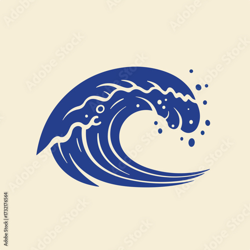 Stylized blue wave, cresting with foam and bubbles, on cream background
