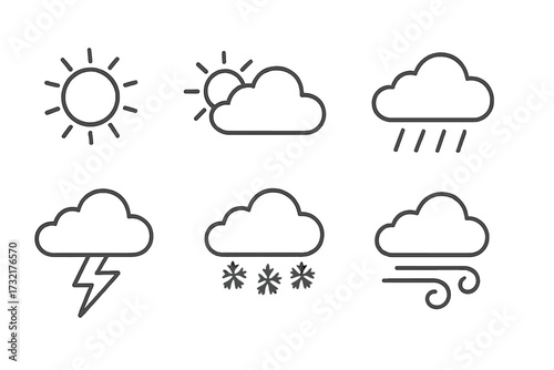 Weather icon set in linear style, vector cartoon illustrations with transparent background, ordered collection of modern weather symbols, sun, clouds, rain, snow, storms, temperature signs