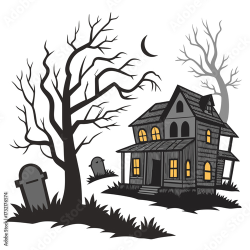 Spooky haunted house with bare trees and tombstones