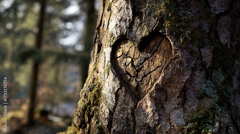 Fototapeta premium Heart shape carved into tree bark, forest background, natural sunlight1