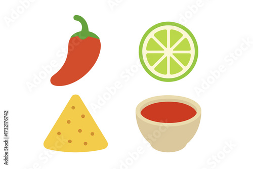 Vibrant red chili pepper, refreshing green lime slice, golden tortilla chip, and a bowl of zesty red salsa
