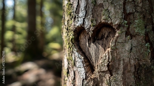 Heart shape carved into tree bark, forest background, natural sunlight