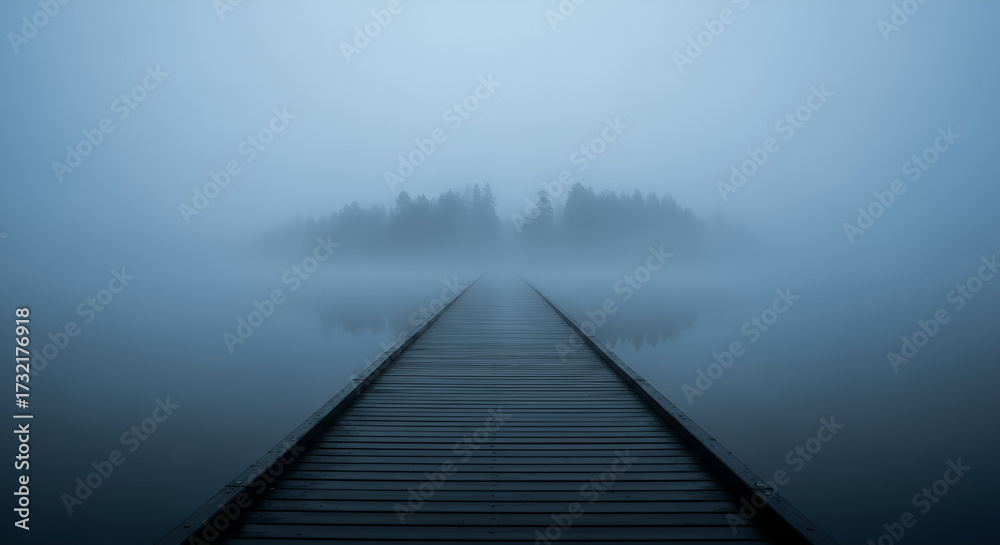 Obraz premium A wooden boardwalk stretches towards a misty island shrouded in heavy fog over a calm lake.