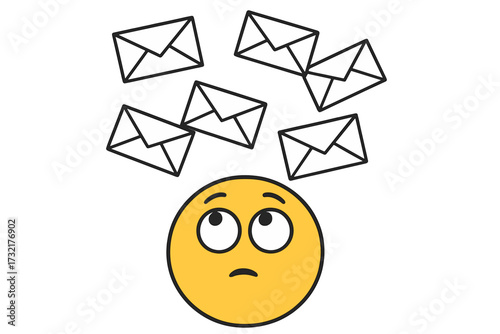 Email overload concept with overwhelmed emoji under falling mail. Metaphor for inbox stress, receiving spam, junk mail, and communication fatigue. Business newsletter advertising.