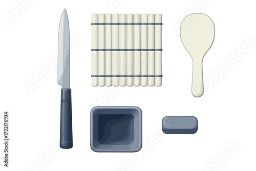 Essential sushi making tools set with knife, bamboo rolling mat, rice paddle, and dishes for Japanese cuisine preparation