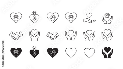Charity and care line icon set vector illustration of heart paw and hand symbols isolated on white background