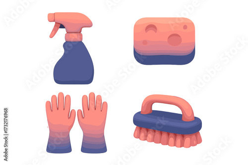 Essential household cleaning supplies including spray bottle, sponge, rubber gloves, and scrub brush for home hygiene