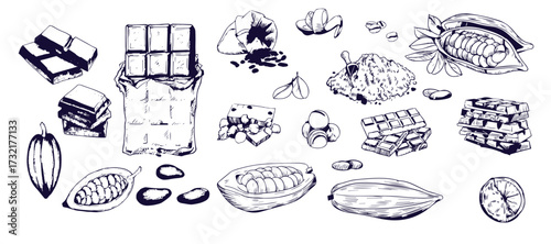 Cocoa and chocolate set. Hand drawn sketch drawings. Chocolate bar and pieces, cocoa pod and cocoa beans bag. Retro style vector illustrations collection