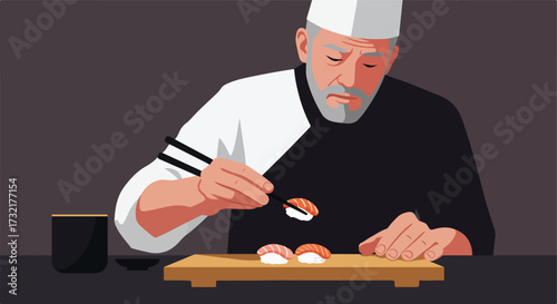 Sushi chef with chopsticks preparing salmon nigiri
