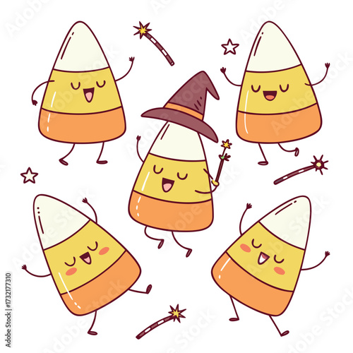Five cute candy corn characters with magic wands