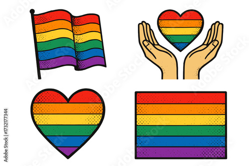 Pride Month vector icon set with halftone texture. LGBTQ rainbow flag, gay pride heart symbol, and love concept. Human rights, tolerance, and equality graphic elements.