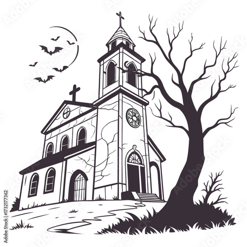 Spooky church with bats and a bare tree