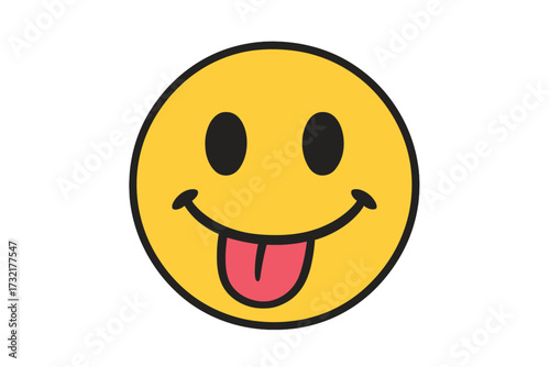 Happy smiley face sticking out tongue. Silly, playful yellow emoticon. Vector emoji icon illustration. Cheerful, funny character expression concept for graphic design.