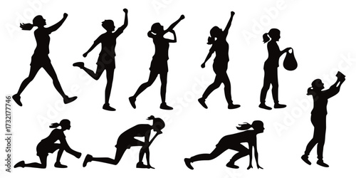 Black Vector Silhouettes of Girls in Various Running Actions