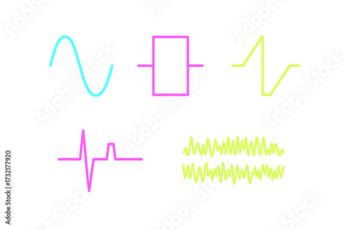 Diverse set of abstract neon colored waveforms and signal patterns representing data or electrical impulses