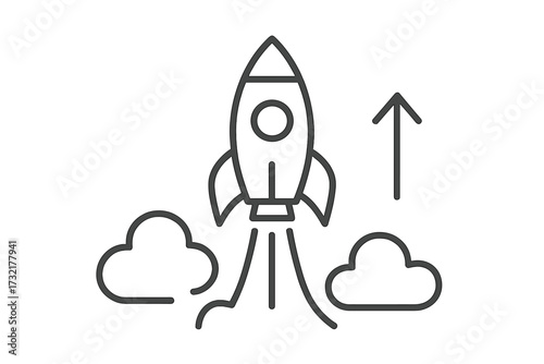 Thin line rocket launch icon, startup business growth symbol, launching campaign concept, vector illustration with clouds and upward arrow, transparent background design