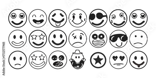Set of black and white smiley face doodles for various emotions