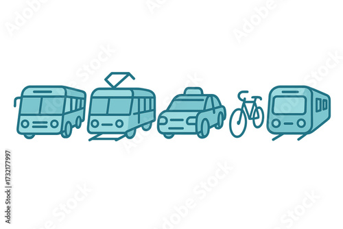 Collection of various public and private transportation vehicles including bus, tram, taxi, bicycle, and train