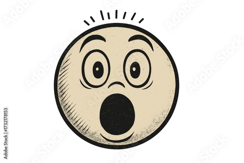 Vintage retro surprised emoticon face expression, shocked emoji smiley icon illustration, old style textured vector, classic emoticon reaction, transparent background