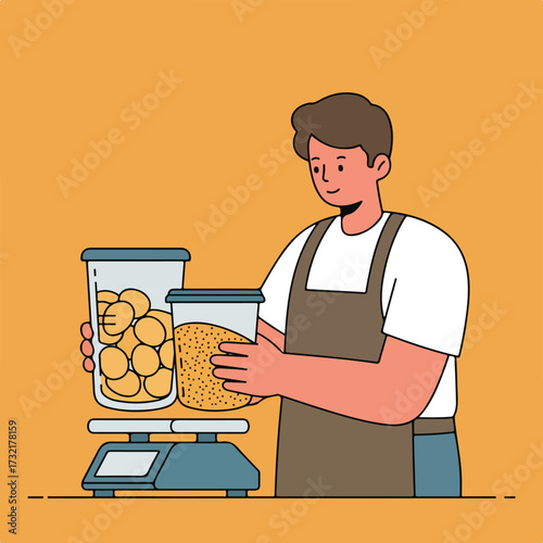 Man in apron weighing food items on a scale