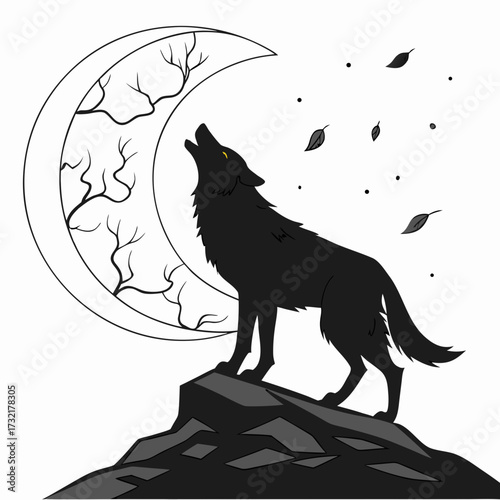 A lone wolf howls at the moon on a rocky peak
